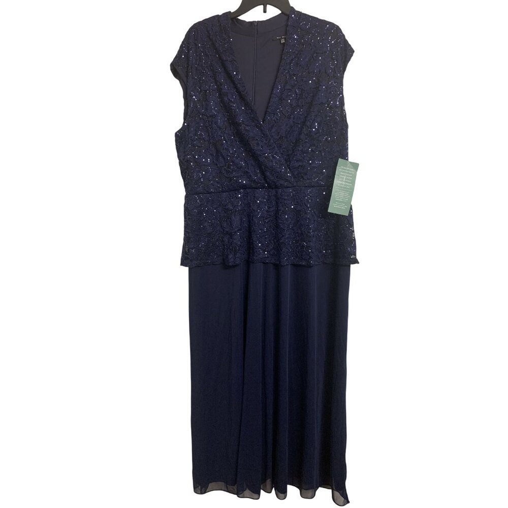 NWT Blu Sage 22W Sequin Lace Wrap Formal Evening Maxi Dress Blue